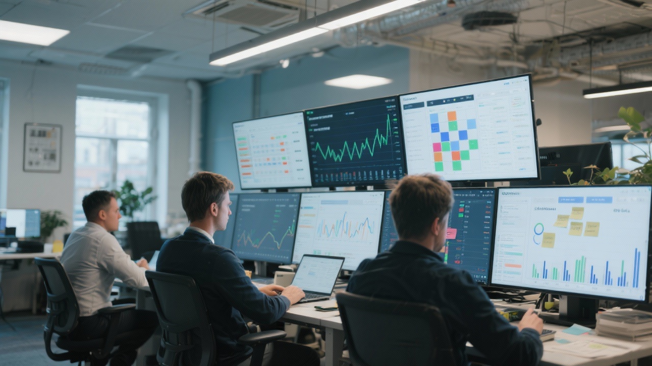 Focused analysts coordinating over multiple screens with market data, scenario matrices, and stakeholder notes inside a contemporary Amsterdam office space.