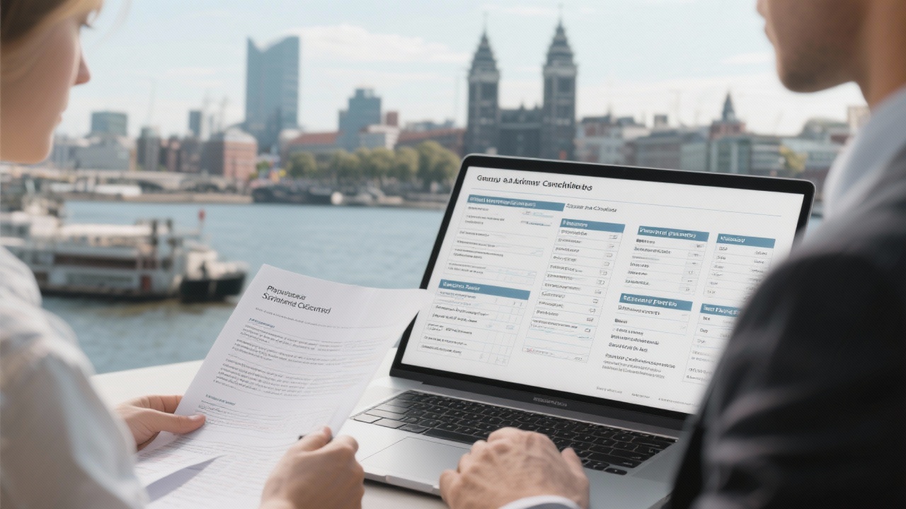 Consultant reviewing compliance checklists, privacy impact assessments, and security policies on a laptop with printed guidelines and Amsterdam skyline backdrop.