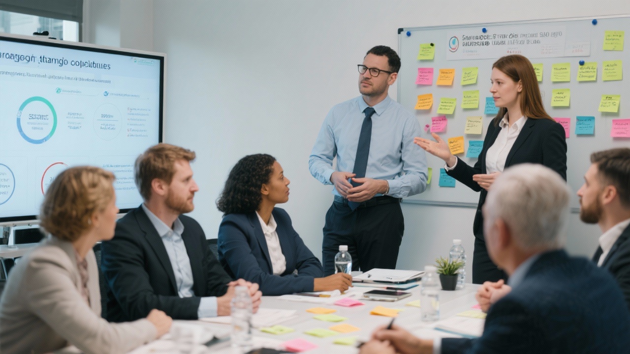 Consultants facilitating a collaborative workshop with executives, sticky notes, and digital boards focusing on strategic planning outcomes.